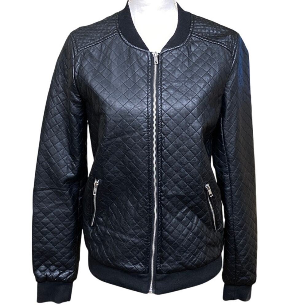 Moto Faux Leather Zip Up Jacket Coat Quilted Women's Medium Grunge Streetwear
